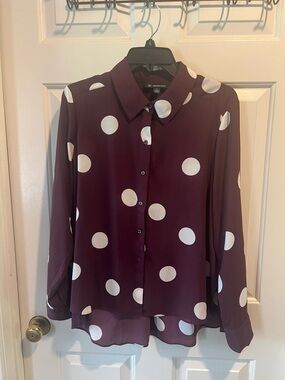INC International Concepts Burgundy and White Polka Dot Button Front Blouse